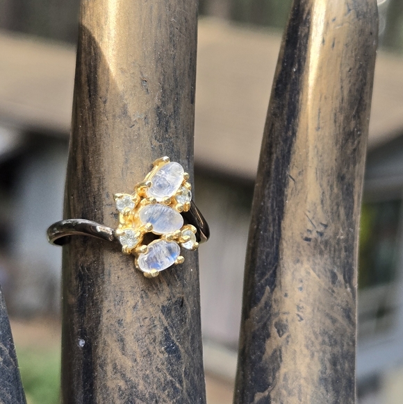 Moonstone & Topaz Natural Gemstones Sterling Rhodium & Gold Ring Sz7.25 - Picture 5 of 8